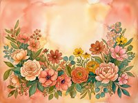 Watercolor floral arrangement with roses, ranunculus and wildflowers on warm peachy background for wedding invitations, greeting cards and romantic designs.