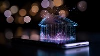 Glowing holographic house projection emerging from smartphone screen with sparkles and bokeh lights in dark background, futuristic smart home concept.