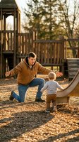 Father encouraging toddler son at playground slide during golden hour sunset creating warm family bonding moment in outdoor park setting.