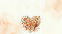 Watercolor floral heart with peach and coral roses on soft beige background, romantic botanical arrangement for cards and prints.