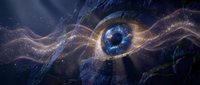 Mystical cosmic eye surrounded by flowing energy waves and stardust particles in deep space with glowing light rays and ethereal atmosphere for fantasy designs.