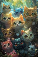 Magical cats with large expressive eyes peek through enchanted forest foliage amid glowing particles and mystical atmosphere, creating whimsical fantasy art composition.