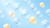 Digital cloud computing icons floating in blue sky background with technology symbols for data storage and online services.