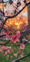 Pink cherry blossoms on tree branches with warm golden sunset bokeh lights in background creating romantic spring atmosphere for seasonal designs.
