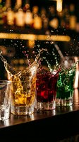 Colorful cocktails splashing dramatically in glasses on a bar counter with bokeh bottle lights in the background, vibrant nightlife scene.