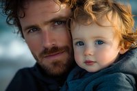 Caucasian father with beard and curly hair holding young toddler with blue eyes and blonde curls in tender moment. Close up portrait showing family bond and paternal love.