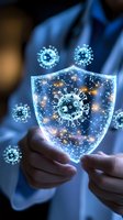 Glowing protective shield against virus particles shown in doctor's hands, depicting medical defense and immunity system with blue light effects and sparkles.