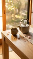 Minimalist ceramic tea set with teapot and cup on wooden table near window with warm natural light and cherry blossom petals for zen meditation moments.