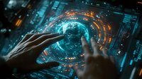 Hands reaching towards glowing digital earth hologram with futuristic HUD interface elements and data visualization in dark cyber environment with blue orange lighting.