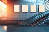 Modern escalator in empty business center with blank white posters on wall illuminated by sunset light through panoramic windows, creating futuristic atmosphere.