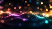 Magical glowing wave with sparkles and bokeh lights in rainbow colors against dark background creates dreamy atmospheric effect. Abstract design element.