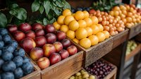Fresh colorful fruits displayed in wooden crates at farmers market stall, including red apples, oranges, plums and cherries, arranged in neat rows for retail sale.