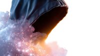 Mysterious hooded figure silhouetted against magical glowing cosmic background with sparkles and nebula clouds, creating dramatic fantasy atmosphere.