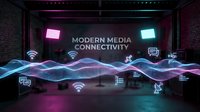 Modern media connectivity concept with neon waves and wireless icons in futuristic digital environment for technology and communication design projects.
