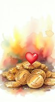 Watercolor golden coins with red heart symbol representing love for money, wealth and financial success on colorful abstract background.