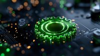 Glowing green gear mechanism on dark circuit board with bokeh light effects creates futuristic technological atmosphere. Suitable for innovation concepts.