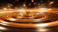 Mesmerizing golden liquid ripple with light sparkles creates spiral motion effect against dark background. Metallic droplet impact causes concentric waves.
