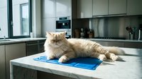 Fluffy orange Persian cat relaxing on blue cooling mat in modern kitchen with gray cabinets and stainless steel appliances during sunny day.