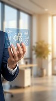 Businessman in suit touching glowing virtual interface with gears and charts, symbolizing smart business automation and digital management.
