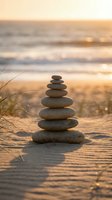 Balanced stone cairn on sandy beach at golden hour sunset with ocean waves and warm bokeh light creating peaceful meditation atmosphere.