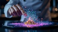 Magical glowing particles burst from digital tablet as person touches screen, creating vibrant pink and blue light effects in dark setting. Innovative technology concept.