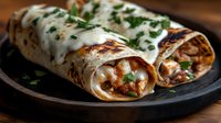 Grilled chicken and vegetable wraps with herbs on wooden plate. Fresh tortilla rolls filled with seasoned meat and vegetables for healthy lunch or dinner meal.