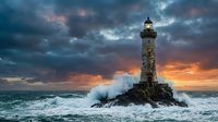 Dramatic lighthouse standing on rocky outcrop with powerful waves crashing against base during stormy sunset with colorful cloudy sky over turbulent ocean waters.