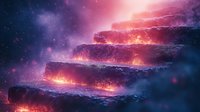 Mystical glowing stone steps ascending into cosmic purple sky with luminous cracks and magical atmosphere, fantasy stairway surrounded by ethereal fog and starlight.