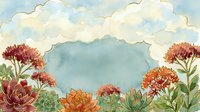 Watercolor autumn succulent garden frame with orange and red flowering plants against cloudy sky background for seasonal botanical design projects.
