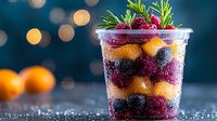 Fresh mixed berries and citrus layered parfait in clear plastic cup with rosemary garnish on dark background with bokeh lights, refreshing summer dessert.