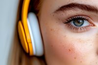 Close-up portrait of young Caucasian woman with blue eyes wearing yellow and white headphones, natural freckled skin, music listening concept.