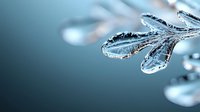 Delicate frost crystals form on plant leaves creating natural winter macro photography with soft blue tones and shallow depth of field for seasonal backgrounds.