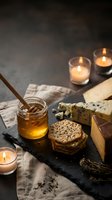 Gourmet cheese board with honey jar and wooden dipper on slate platter surrounded by glowing candles creating warm atmospheric dining experience.