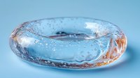 Water crown splash frozen in time forming circular shape with droplets and ripples on light blue background, high-speed photography capture of liquid dynamics.