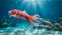 Red striped squid swimming gracefully in deep blue ocean waters with sunlight rays filtering through surface creating magical underwater scene.