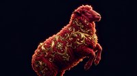 Ornate red and gold decorative rooster with intricate baroque patterns and flourishes on dark background for luxury design projects.