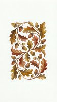 Autumn oak leaves and acorns in warm brown and gold tones arranged in an ornamental scrolling pattern on isolated white background, ready for design projects.
