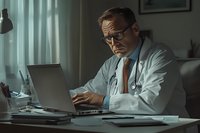 Middle-aged Caucasian male doctor in white coat working late at desk with laptop computer in dark office, dramatic moody lighting through window creates professional atmosphere.