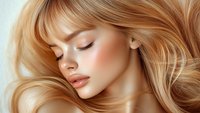 Young woman with flowing blonde hair and natural makeup resting with eyes closed, showcasing healthy skin and soft facial features.