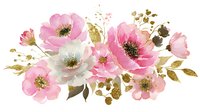 Delicate pink and white watercolor wild roses with golden leaves and splashes arranged in elegant floral composition on white background, ready for design use.