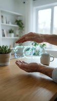 Hands protecting holographic gear icons representing technology innovation and digital transformation in modern home office environment.