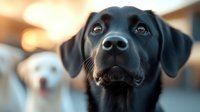 Close up portrait of attentive black Labrador with blurred white dog in background. Shallow depth of field creates dreamy bokeh effect highlighting expressive eyes and nose.