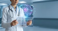 Male doctor in white coat holding futuristic holographic brain display with AI technology interface in modern medical facility for healthcare innovation.