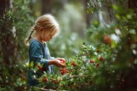 Young blonde girl in blue dress carefully picking red berries in lush green forest. Soft natural lighting creates dreamy atmosphere for childhood outdoor adventure.