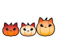 Cute kawaii pumpkin cats with orange and peach colors on white background, Halloween themed decorative elements for stickers and greeting cards.
