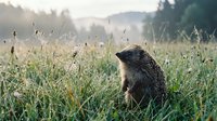 Hedgehog sitting in tall grass meadow during golden hour sunrise with soft natural lighting and peaceful countryside atmosphere.