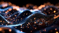 Glowing digital wave pattern with orange and blue light particles flowing in dark space, creating dynamic network visualization for technology backgrounds.