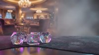 Three crystal glass dice with iridescent rainbow reflections on dark surface in luxurious casino interior with golden chandeliers and blurred gaming tables.