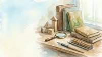 Watercolor study desk with stacked books, magnifying glass, wooden blocks and pens creating cozy learning atmosphere for educational content.