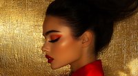 Asian woman with dramatic makeup and red dress in profile against luxurious gold textured background, highlighting elegant beauty and fashion styling.